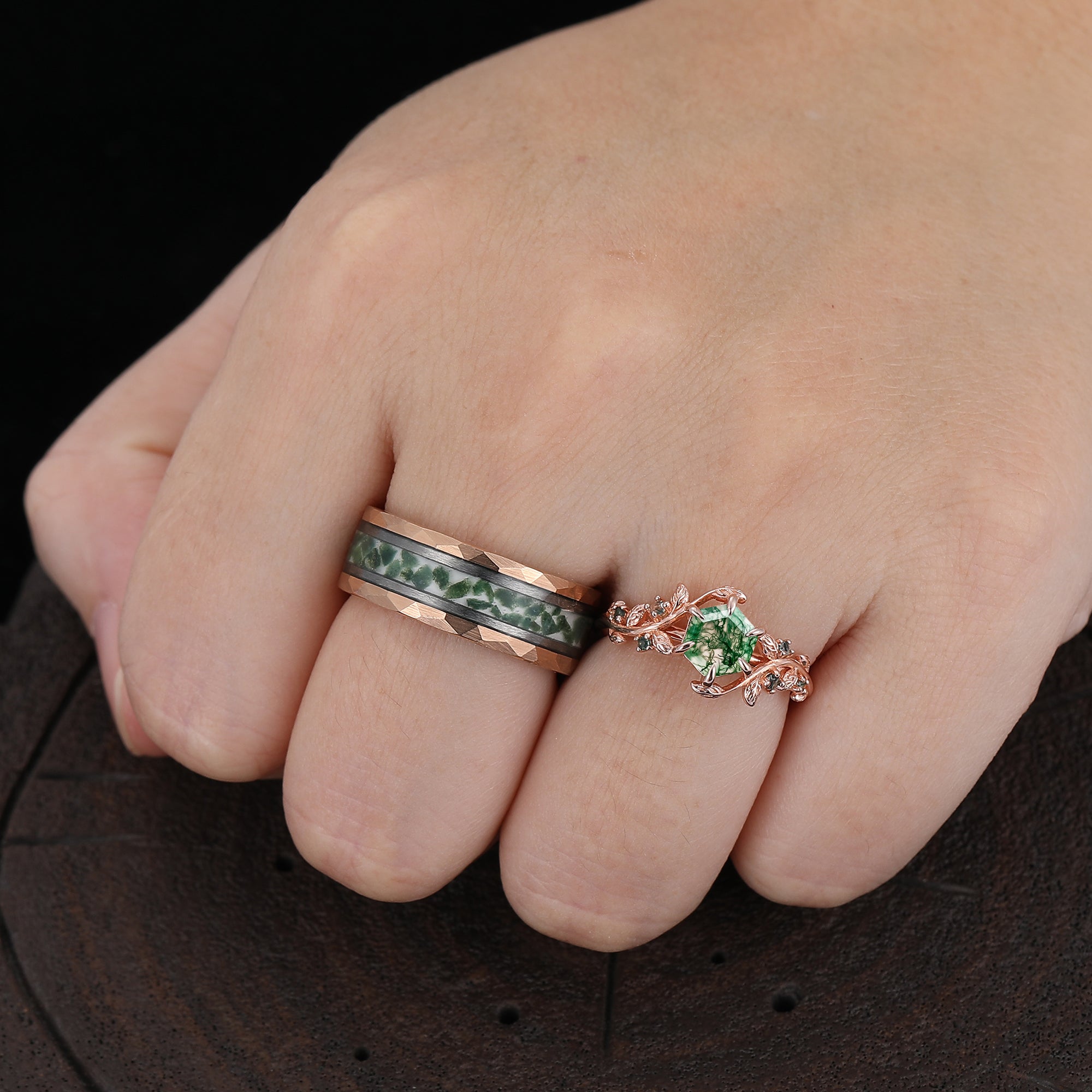 Green Natural Moss Agate Hexagon Couples Ring Set His and Her Green Natural Moss Agate Hexagon Couples Ring Set His and Her