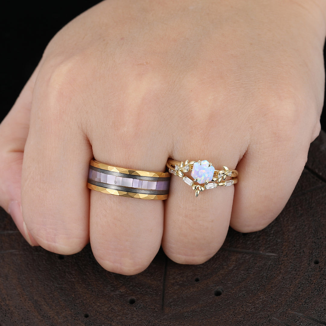 Leaf Inspired Hexagon Cut Pink White Opal Couple Ring Set Promise Rings For Couples