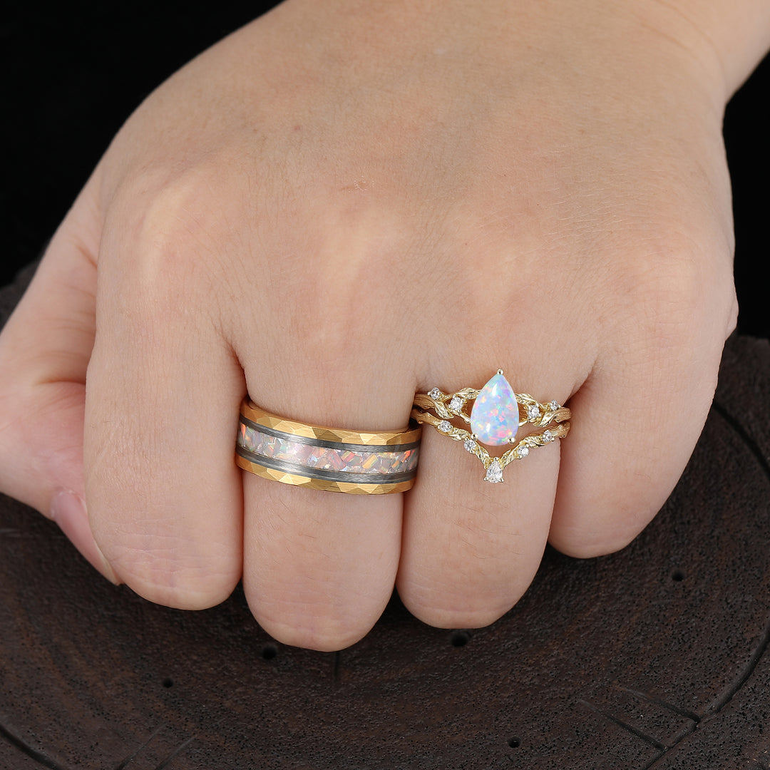Leaf Design 1.5CT Pear Cut Pink White Opal Couple Ring Set Silver And Tungsten Matching Rings