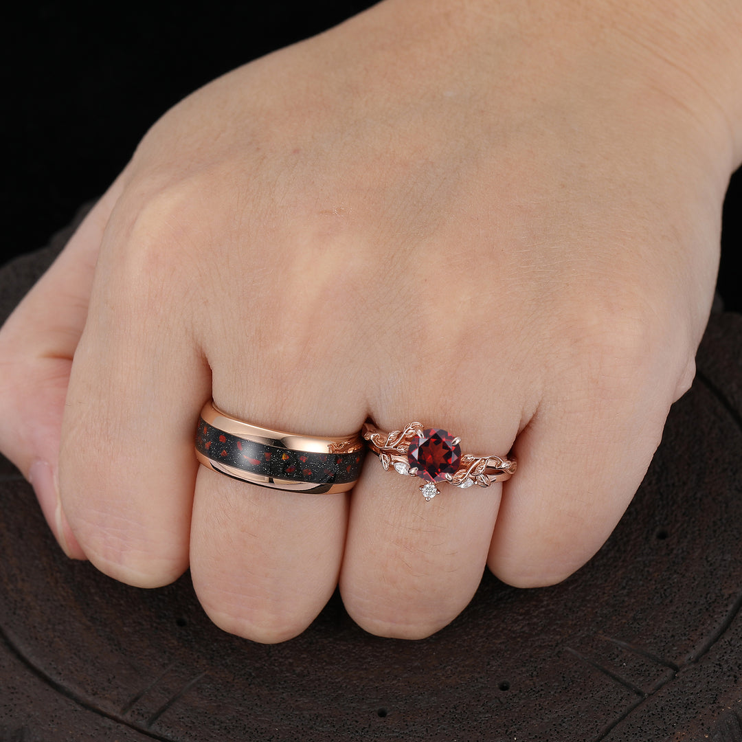 Set di Anelli Coppia con Granato Rosso Inciso a Forma di Foglia Raffinata Anelli Rosso Lui e Lei per Uomo e Donna