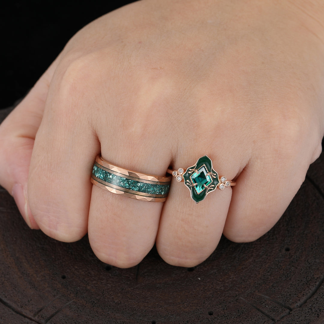 Art Deco Rhombus Cut Emerald Resin-coated Couple Rings Vintage Inspired Matching Ring Set