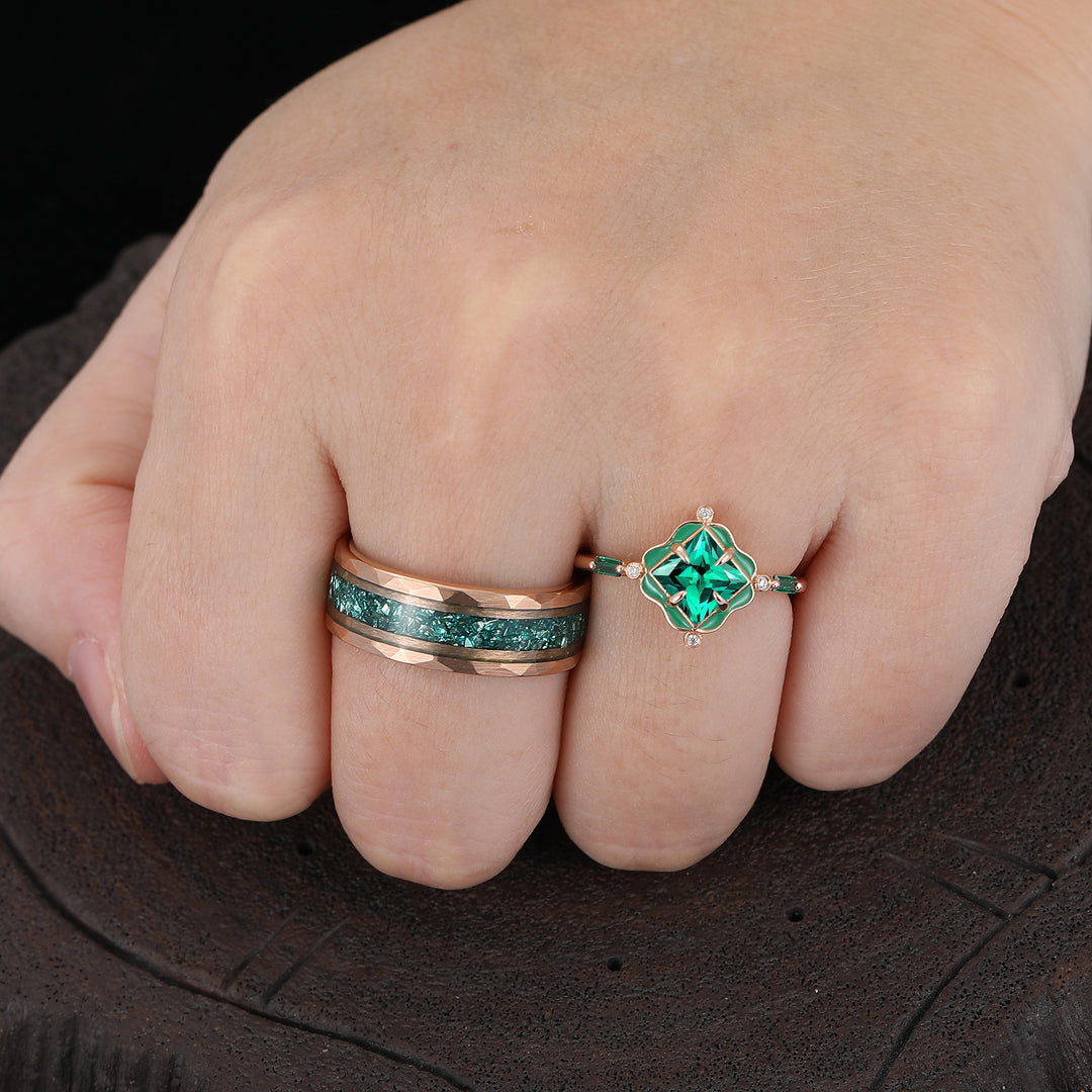 Art Deco Emerald Green Enamel Couple Rings Rose Gold Plated Floral His And Hers Rings