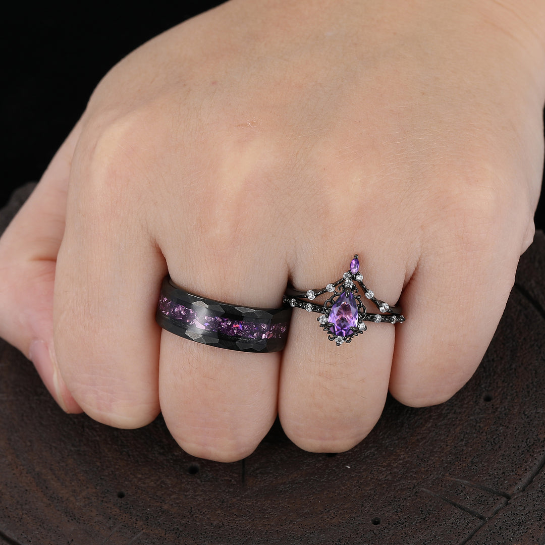 Scrollwork Natural Amethyst Black Plated Couple Rings Art Deco Milgrained Matching Ring Set