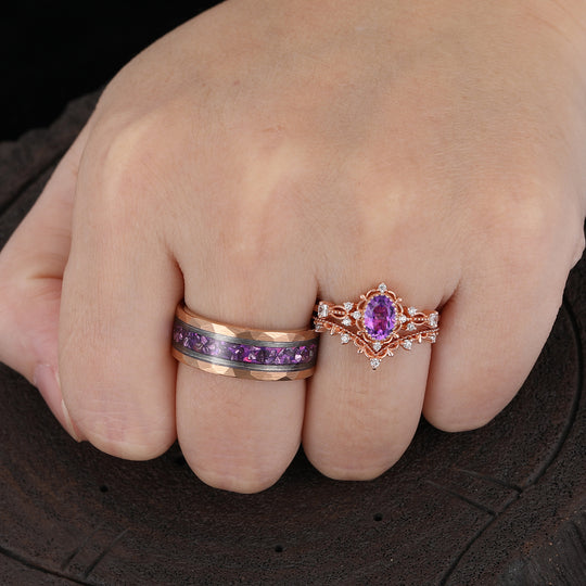 Antieke ovale stelringen met natuurlijke amethist en krulwerk, unieke milgrain-ringen voor hem en haar