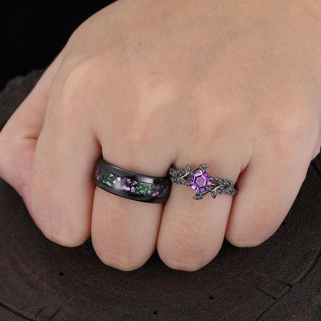 Stylish Natural Engagement Amethyst Twig Couple Rings Matching Tungsten Ring For Men And Women