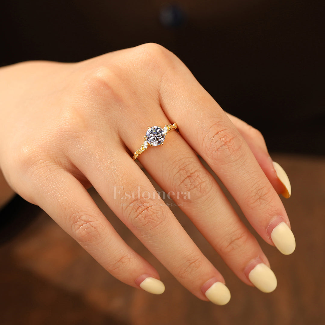 Handcrafted Ginkgo Leaf Round Lab Grown Diamond Bridal Ring Delicate 14K Gold Wedding Ring (IGI Certified)