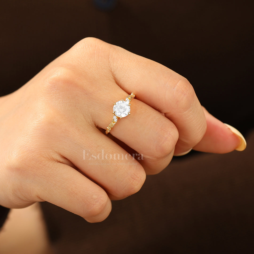 Noble Ginkgo Leaf Round Moissanite Bridal Ring Yellow Gold Anniversary Women Ring