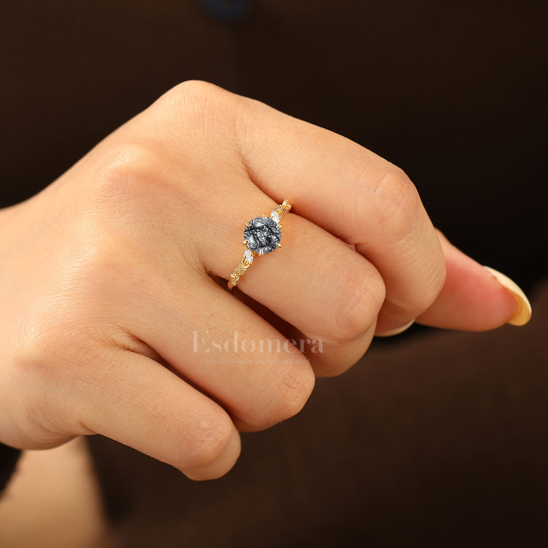 Ethereal Ginkgo Leaf Natural Black Rutilated Quartz Wedding Ring 14K Yellow Gold Women Ring