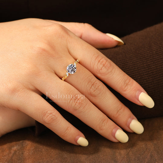Handcrafted Ginkgo Leaf Round Lab Grown Diamond Bridal Ring Delicate 14K Gold Wedding Ring (IGI Certified)