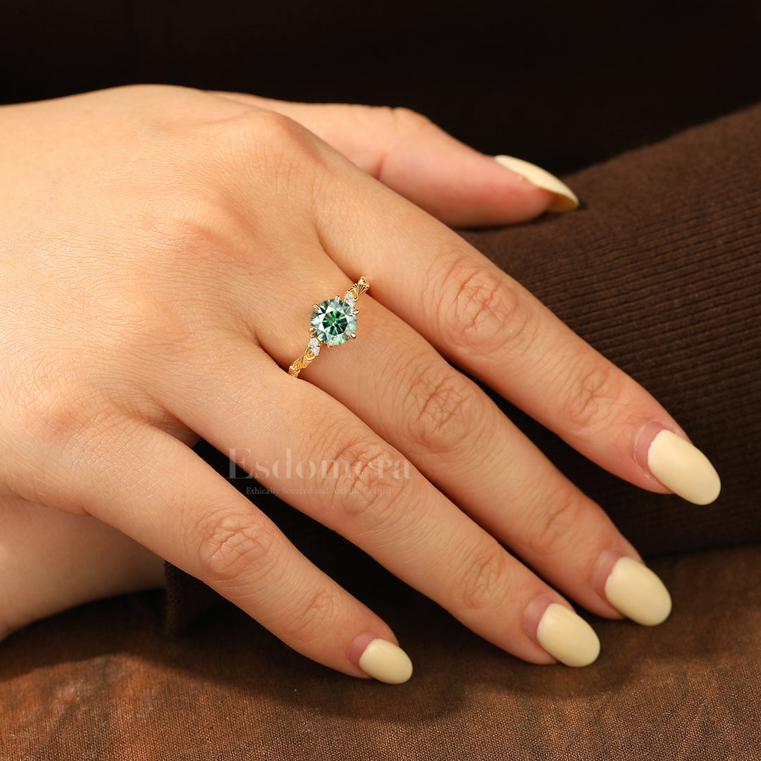 Leaf Inspired Round Blue Green Moissanite Engagement Ring 14K Solid Gold Anniversary Bridal Ring
