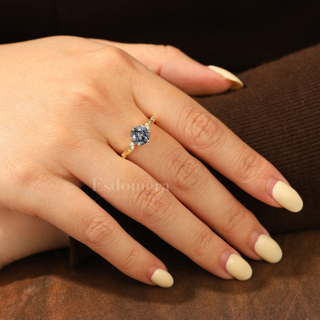 Ethereal Ginkgo Leaf Natural Black Rutilated Quartz Wedding Ring 14K Yellow Gold Women Ring
