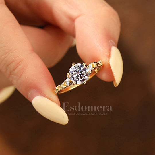 Handcrafted Ginkgo Leaf Round Lab Grown Diamond Bridal Ring Delicate 14K Gold Wedding Ring (IGI Certified)