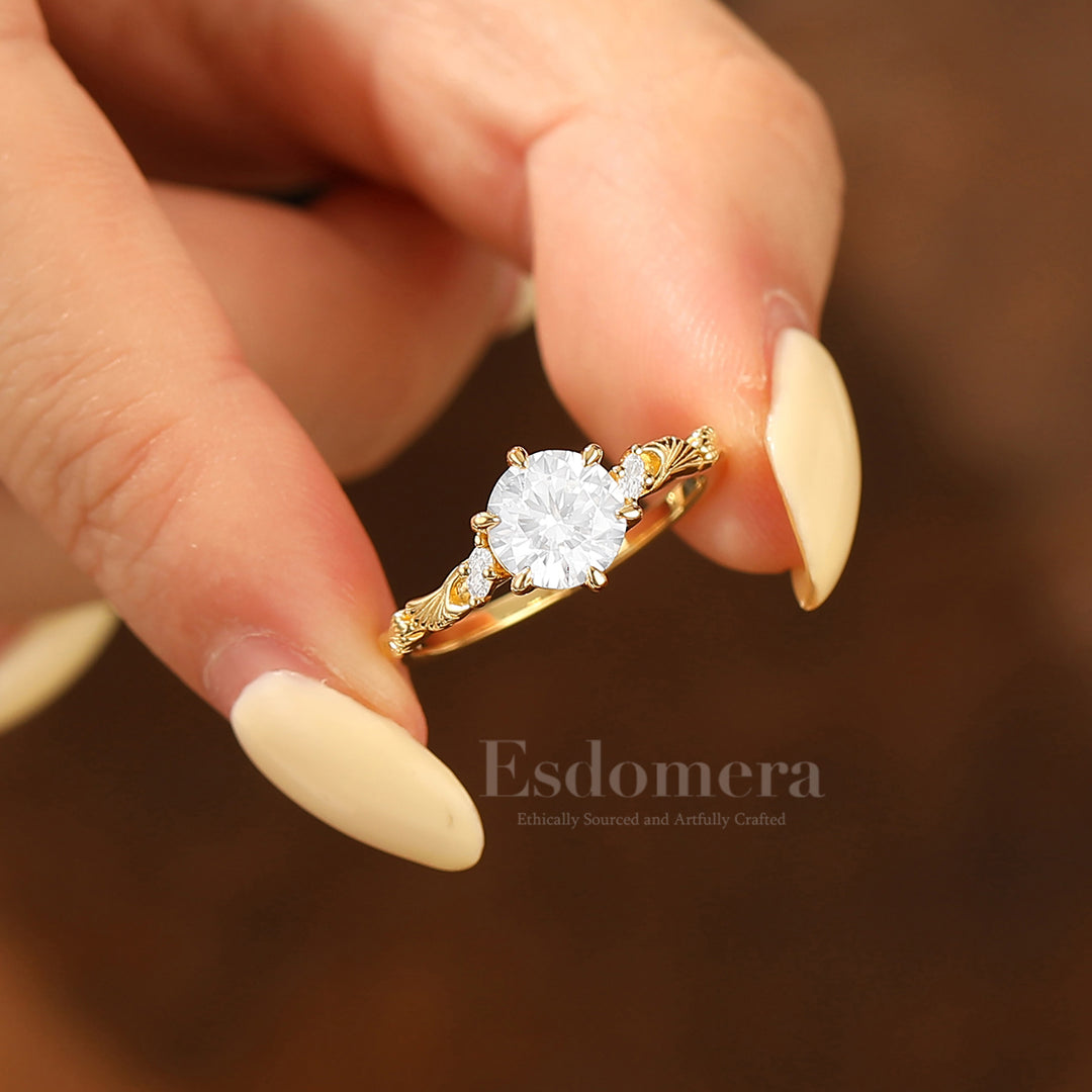 Noble Ginkgo Leaf Round Moissanite Bridal Ring Yellow Gold Anniversary Women Ring