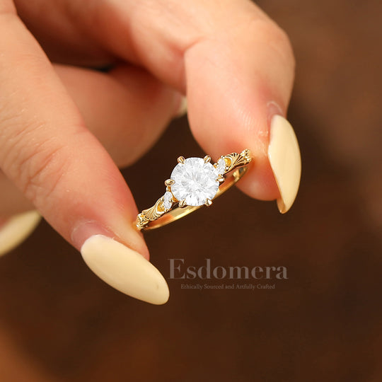 Noble Ginkgo Leaf Round Moissanite Bridal Ring Yellow Gold Anniversary Women Ring