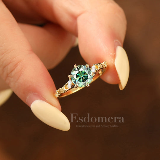 Leaf Inspired Round Blue Green Moissanite Engagement Ring 14K Solid Gold Anniversary Bridal Ring
