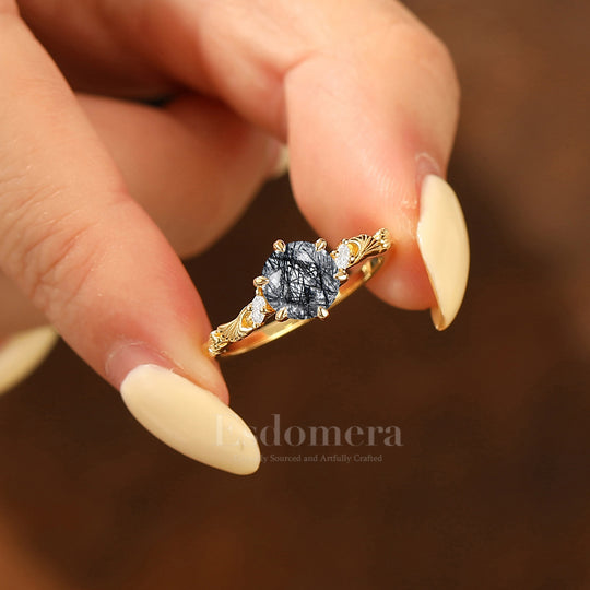 Ethereal Ginkgo Leaf Natural Black Rutilated Quartz Wedding Ring 14K Yellow Gold Women Ring