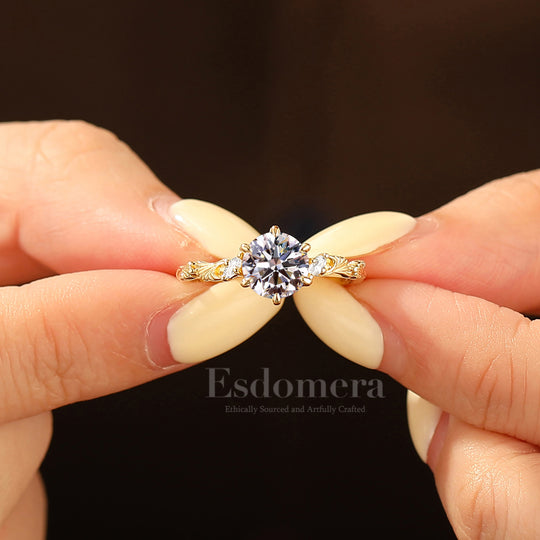 Handcrafted Ginkgo Leaf Round Lab Grown Diamond Bridal Ring Delicate 14K Gold Wedding Ring (IGI Certified)