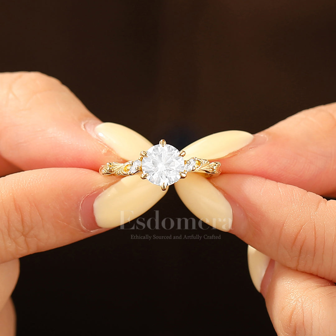 Noble Ginkgo Leaf Round Moissanite Bridal Ring Yellow Gold Anniversary Women Ring