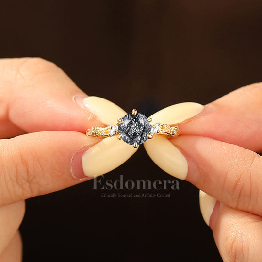 Ethereal Ginkgo Leaf Natural Black Rutilated Quartz Wedding Ring 14K Yellow Gold Women Ring
