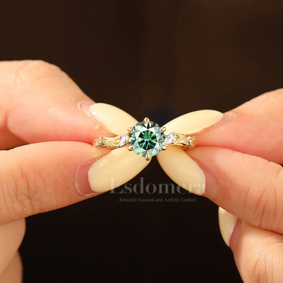 Leaf Inspired Round Blue Green Moissanite Engagement Ring 14K Solid Gold Anniversary Bridal Ring