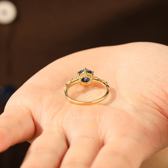 Ethereal Ginkgo Leaf Natural Black Rutilated Quartz Wedding Ring 14K Yellow Gold Women Ring
