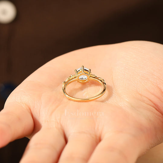 Noble Ginkgo Leaf Round Moissanite Bridal Ring Yellow Gold Anniversary Women Ring
