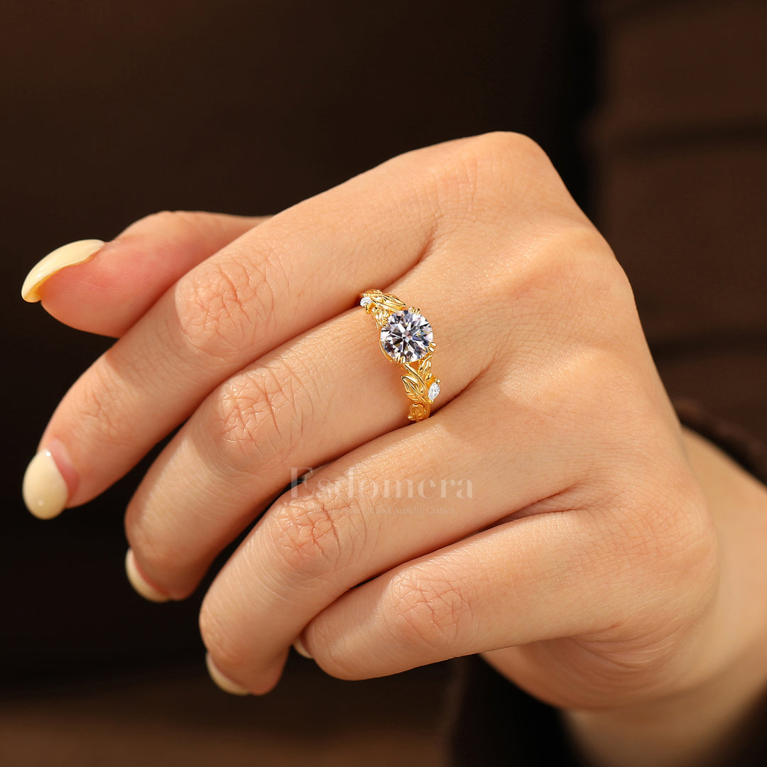 Double Prongs Leaf Engraved Round Lab Grown Diamond Engagement Ring  (IGI Certified)