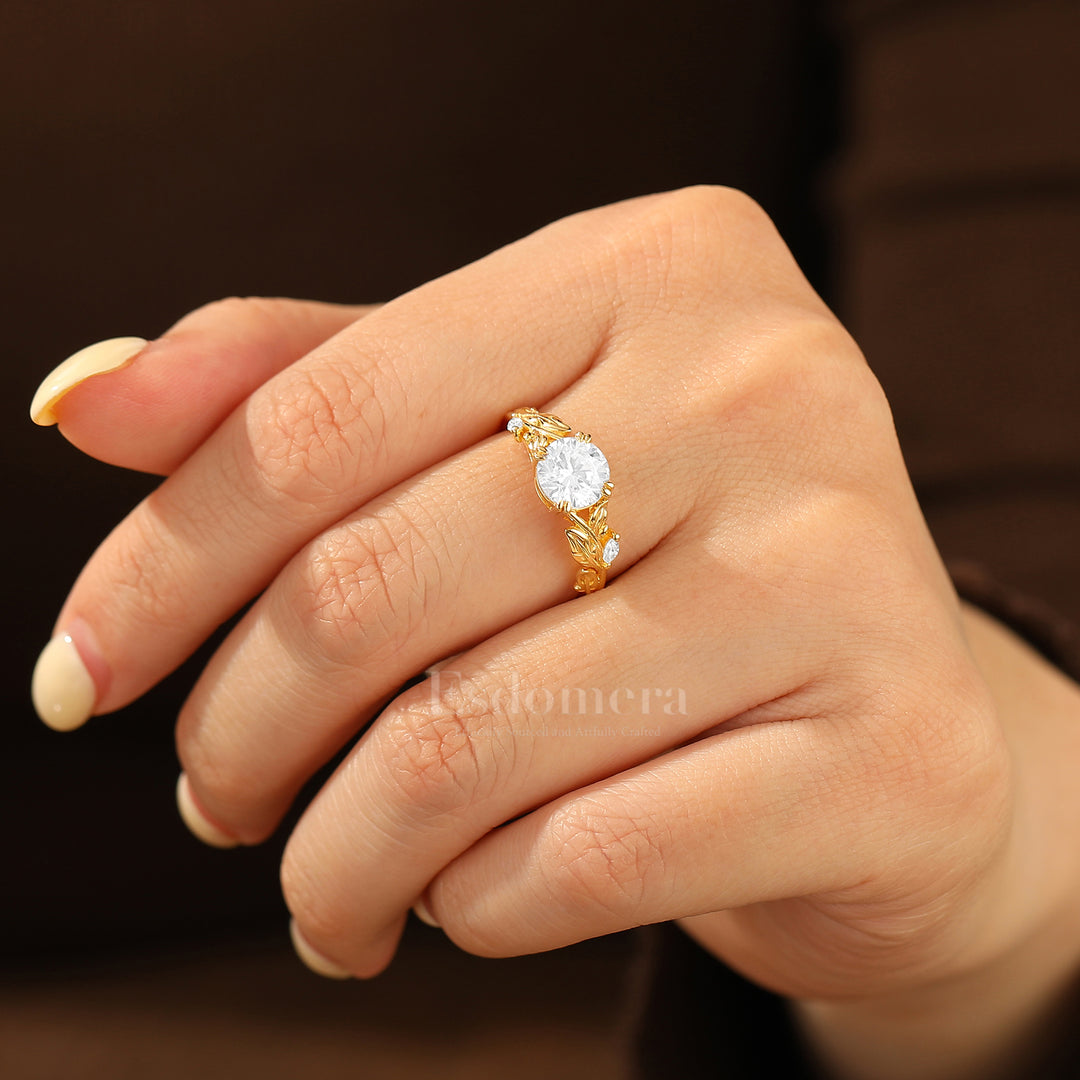 Botanical Vintage Style Moissanite Engagement Ring 14K Gold Round Moissanite Women Ring