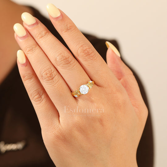 Botanical Vintage Style Moissanite Engagement Ring 14K Gold Round Moissanite Women Ring