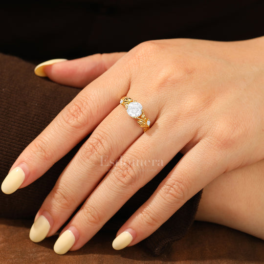 Botanical Vintage Style Moissanite Engagement Ring 14K Gold Round Moissanite Women Ring