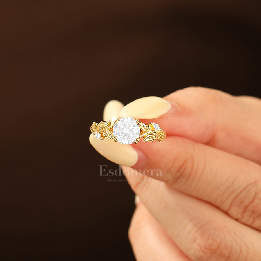 Botanical Vintage Style Moissanite Engagement Ring 14K Gold Round Moissanite Women Ring