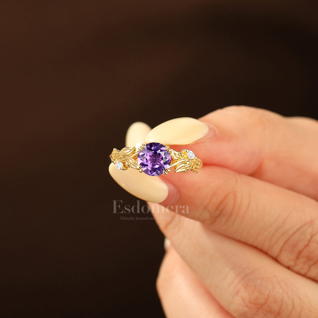 Elegant Round Cut Natural Amethyst Leaf Engraved Engagement Ring Women Fine Ring