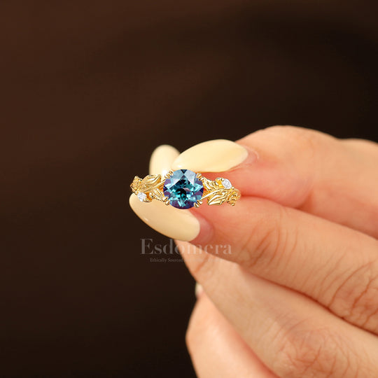 Baroque-inspired Round Alexandrite Wedding Ring Botanical 14K Gold Women Ring