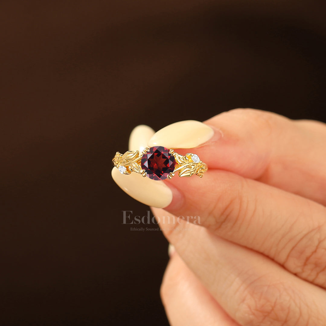 Leaf Engraved 1.25CT Round Red Garnet Engagement Ring 14K Gold Vintage Design Wedding Ring