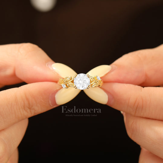 Botanical Vintage Style Moissanite Engagement Ring 14K Gold Round Moissanite Women Ring