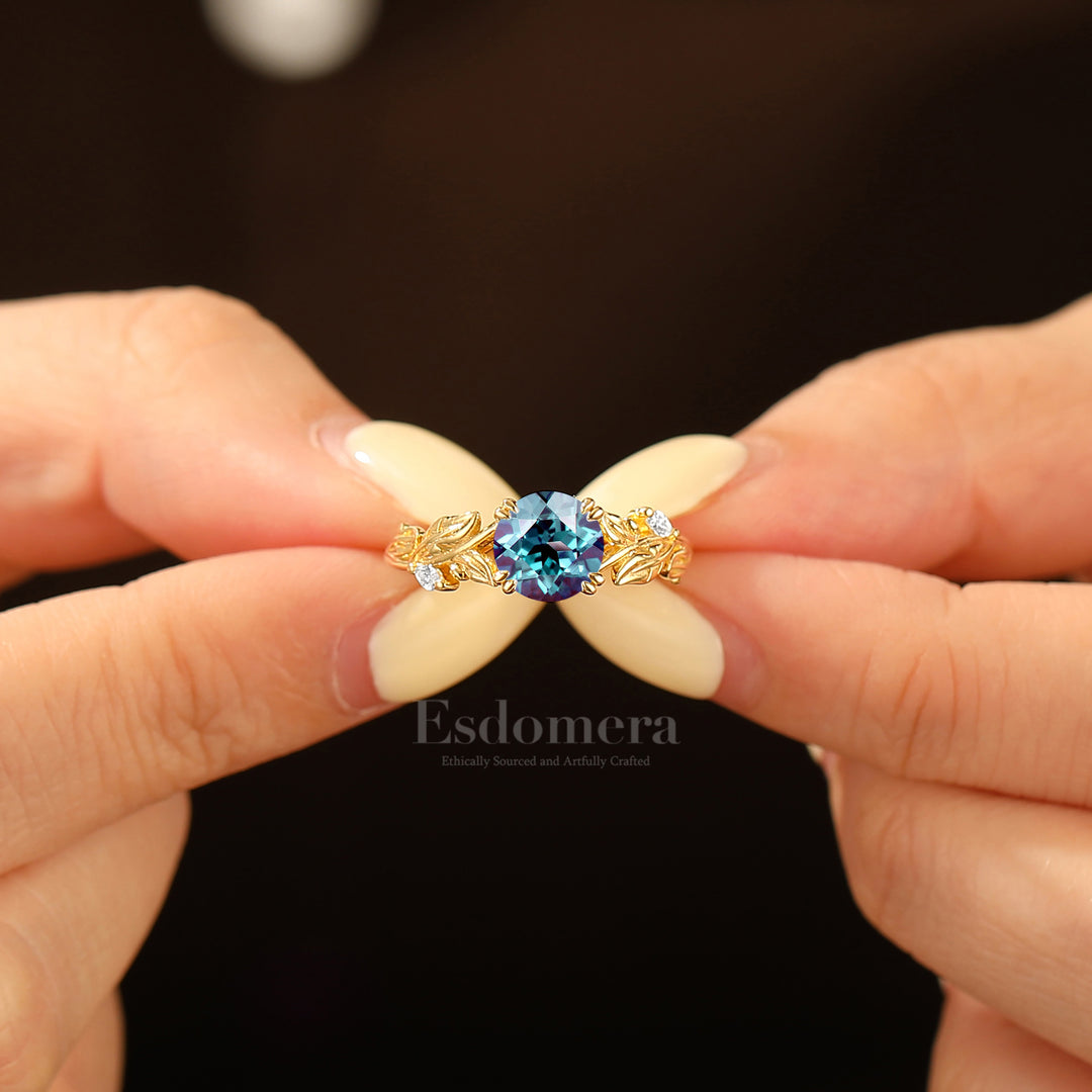 Baroque-inspired Round Alexandrite Wedding Ring Botanical 14K Gold Women Ring