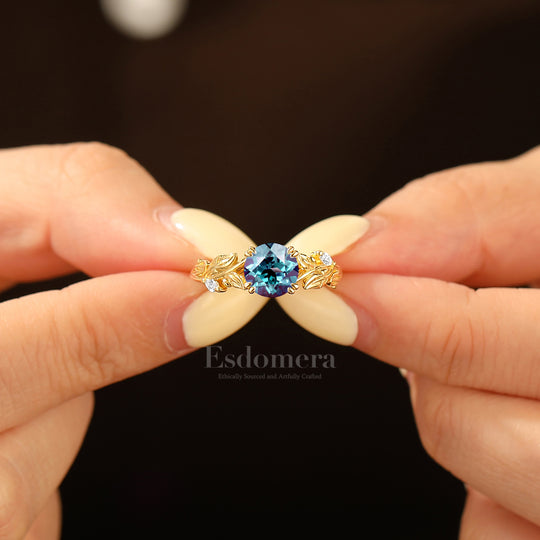 Baroque-inspired Round Alexandrite Wedding Ring Botanical 14K Gold Women Ring