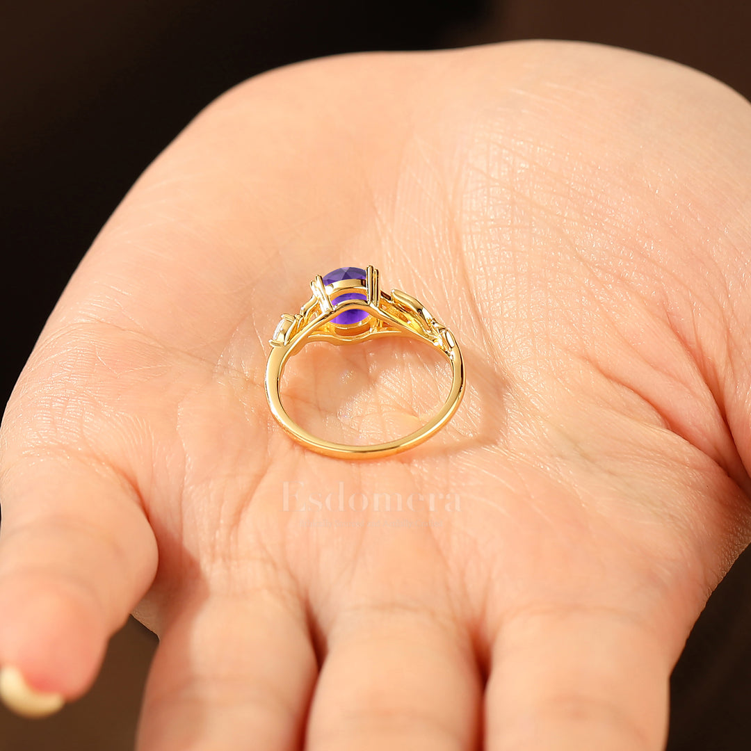 Elegant Round Cut Natural Amethyst Leaf Engraved Engagement Ring Women Fine Ring