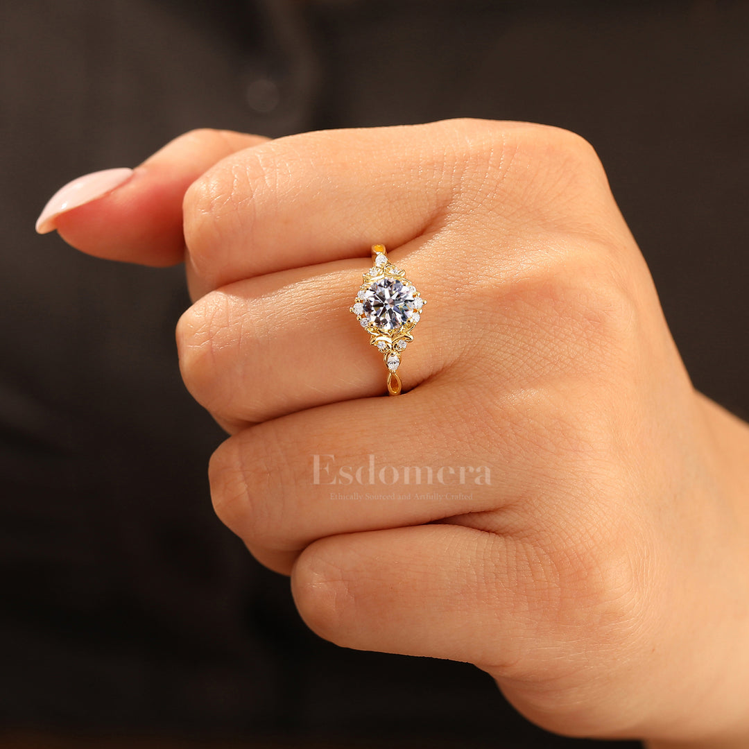 14K Bague Filigrane en Or Jaune 1 CT Diamant Synthétique pour Fiançailles Bague Gravée Florale pour Femme (Certifiée IGI)