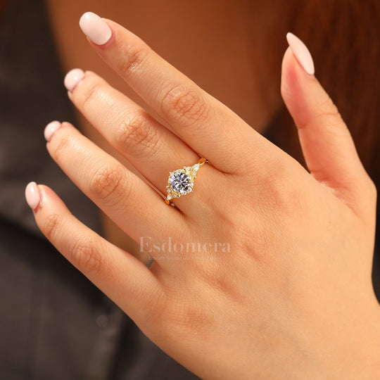 14K Bague Filigrane en Or Jaune 1 CT Diamant Synthétique pour Fiançailles Bague Gravée Florale pour Femme (Certifiée IGI)