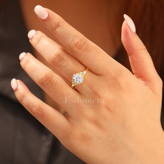 14K Vintage Blumen-Halo Moissanit Rundschliff Gelbgold Moissanit Verlobungsring Filigranring