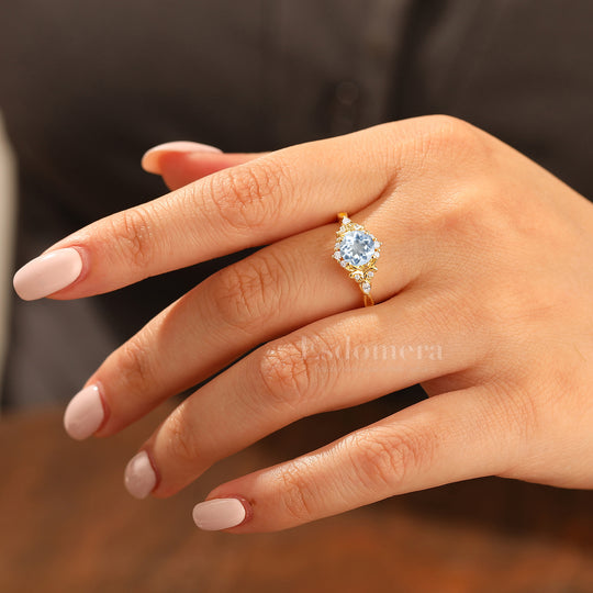 14K Vintage Floral Halo Aquamarine Round Cut Yellow Gold Engagement Ring Filigree Ring