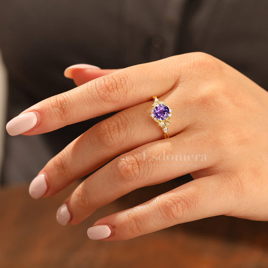 14K Vintage Floral Halo Natural Amethyst Round Cut Yellow Gold Engagement Ring Filigree Ring -  Esdomera.com