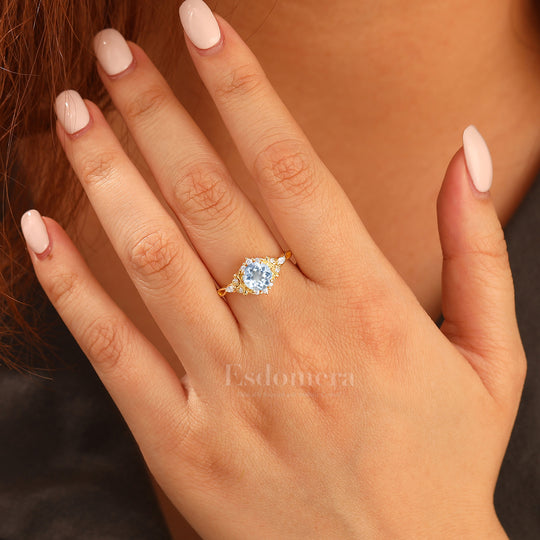 14K Vintage Floral Halo Aquamarine Round Cut Yellow Gold Engagement Ring Filigree Ring