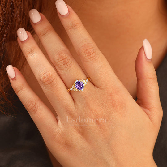 14K Vintage Floral Halo Natural Amethyst Round Cut Yellow Gold Engagement Ring Filigree Ring -  Esdomera.com