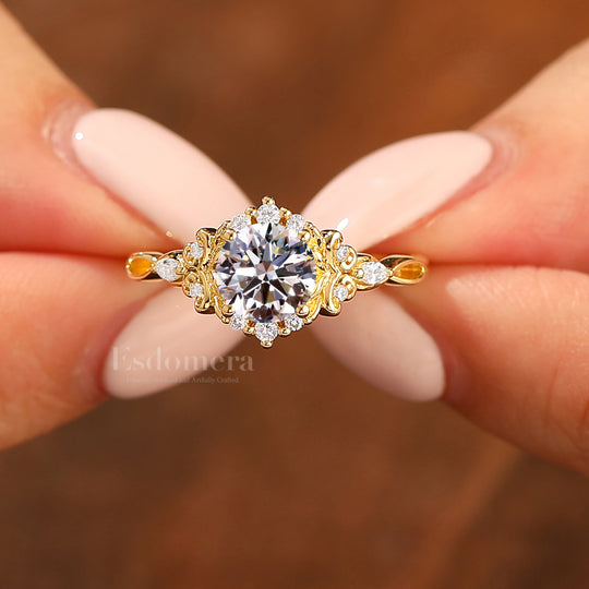 14K Bague Filigrane en Or Jaune 1 CT Diamant Synthétique pour Fiançailles Bague Gravée Florale pour Femme (Certifiée IGI)