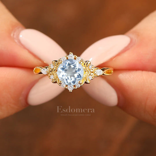 14K Vintage Floral Halo Aquamarine Round Cut Yellow Gold Engagement Ring Filigree Ring