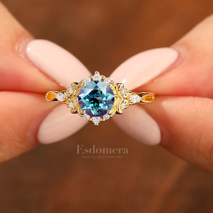 14K Vintage Floral Halo Alexandrite Round Cut Yellow Gold Moissanite Engagement Ring Filigree Ring