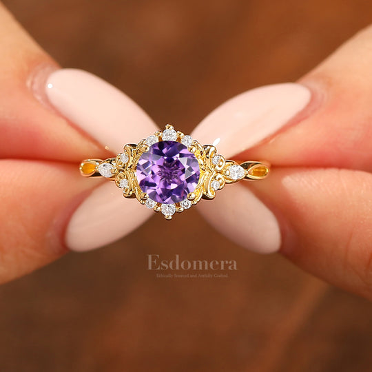 14K Vintage Floral Halo Natural Amethyst Round Cut Yellow Gold Engagement Ring Filigree Ring -  Esdomera.com