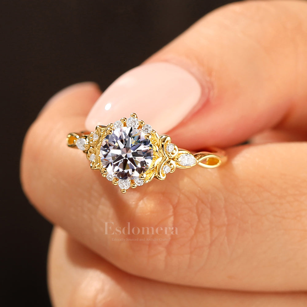 14K Yellow Gold Filigree Band 1 CT Lab Grown Diamond Engagement Ring Engraved Floral Women Ring (IGI Certified)